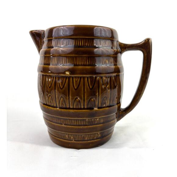 Vintage Other - Vintage‎ Brown Glaze Barrel Pitcher Pottery 7"